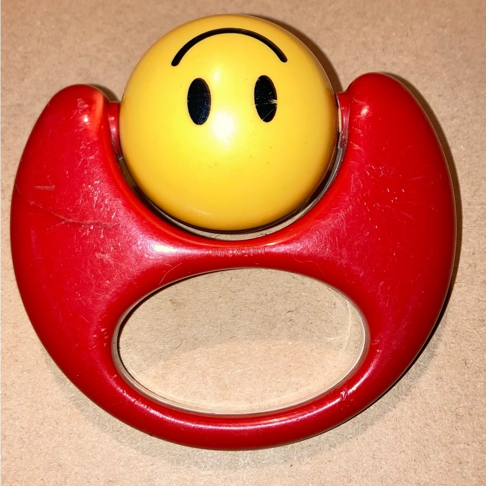 Vintage Playwell Smiley Face Smile Rattle Teether Yellow White Red Baby Rare
